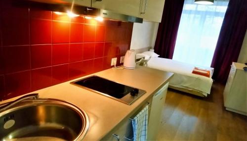 a kitchen with a sink and a red wall at Natalex MicroLofts in Vilnius