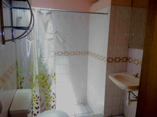 y baño con ducha y lavamanos. en Hostal Lluvia de Oro, en Arequipa
