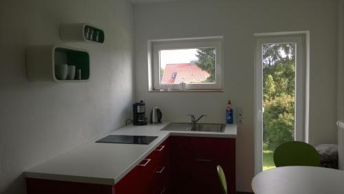 uma cozinha com um lavatório e uma janela em Ferienwohnung Ostercappeln em Ostercappeln
