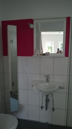 uma casa de banho com um lavatório e um espelho em Ferienwohnung Ostercappeln em Ostercappeln