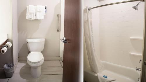 a bathroom with a toilet and a shower at Holiday Inn Express Hotel & Suites Sedalia, an IHG Hotel in Sedalia