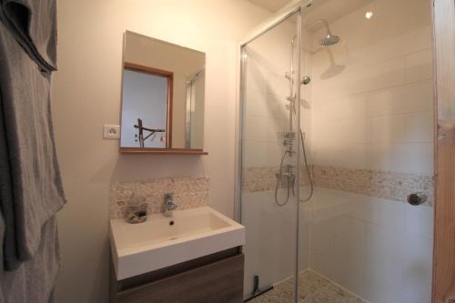 La salle de bains est pourvue d'un lavabo et d'une douche en verre. dans l'établissement Les 3 C, à Eymet