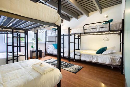 Hostal Top Location ideal para viajeros Polanco في مدينة ميكسيكو: غرفة نوم مع أربعة أسرة بطابقين في غرفة