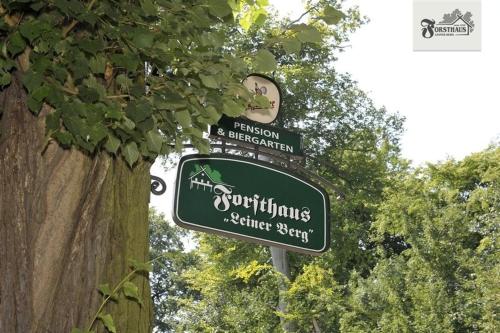 a green street sign next to a tree at Forsthaus Leiner Berg in Dessau