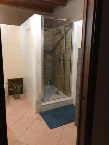 a shower with a glass door in a bathroom at Panorama Penthouse con giardino privato in Santadi
