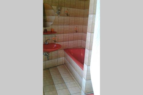 La salle de bains est pourvue d'une baignoire rouge et d'un lavabo rouge. dans l'établissement Landhaus Haid, à Presseck