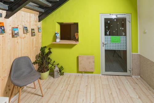 a room with a chair and a green wall at Waldhaus Altenbrak in Altenbrak