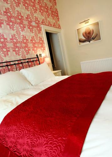a red blanket on a bed in a bedroom at Boutique 25 in Skipton