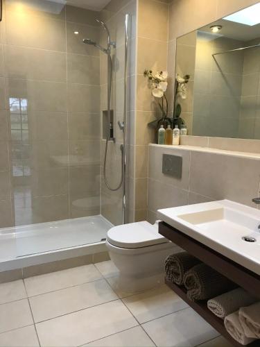 a bathroom with a shower and a toilet and a sink at South Craighall B&B in Eaglesham