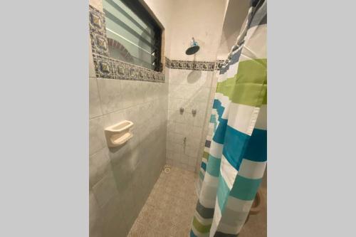 La salle de bains est pourvue d'une douche, de toilettes et d'un rideau de douche. dans l'établissement Casa Colonial, à Campeche