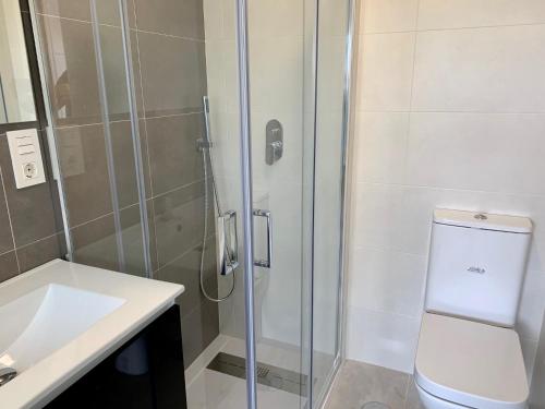 a bathroom with a shower and a toilet and a sink at Baja B Beauty, Lo Pagan in Murcia