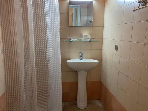 baño con lavabo y cortina de ducha en Hotel Ionion, en Pireo