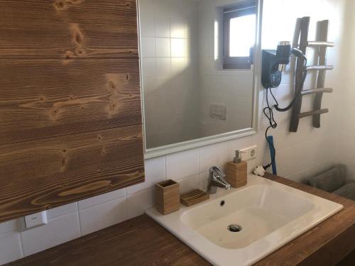 a bathroom with a sink and a mirror at Appartamento Incanto in Valdaora