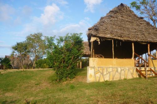 a hut with a grass roof on a field at Bahari Pori Resort in Pangani