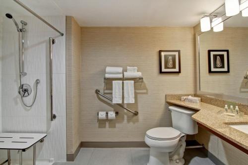 een badkamer met een toilet, een douche en een wastafel bij Holiday Inn Oakville Centre, an IHG Hotel in Oakville