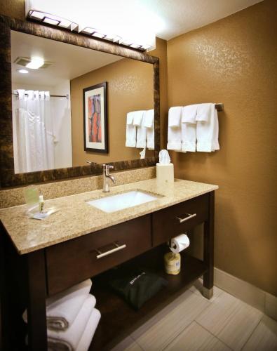 a bathroom with a sink and a large mirror at Pearl Street Hotel in La Crosse