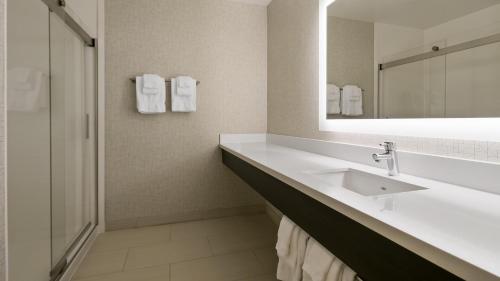 a bathroom with a sink and a mirror at Holiday Inn Express Hotel & Suites Everett by IHG in Everett