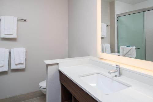 een badkamer met een wastafel, een spiegel en een toilet bij Holiday Inn Express & Suites Ruston, an IHG Hotel in Ruston