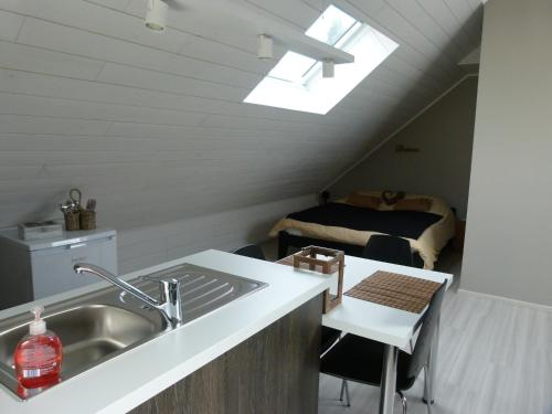 a kitchen with a sink and a room with a bed at Espace Bien Etre et Spa in Libin