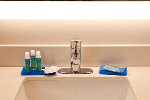 a bathroom sink with a faucet and two toothbrushes at Holiday Inn Express Hotel & Suites Scott-Lafayette West, an IHG Hotel in Scott