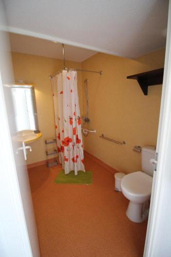 une salle de bain avec toilettes et rideau de douche dans l'établissement 