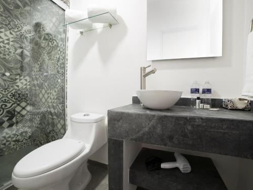 a bathroom with a white toilet and a sink at Suites Arboleda 215 in Mexico City