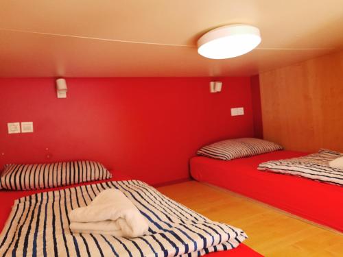 Dos camas en una habitación con una pared roja. en Cube studio by the river (with free bike rental), en Liubliana