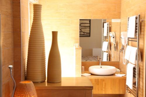 deux vases assis sur un comptoir dans une salle de bains dans l'établissement Hotel Bellevue, à Villerville