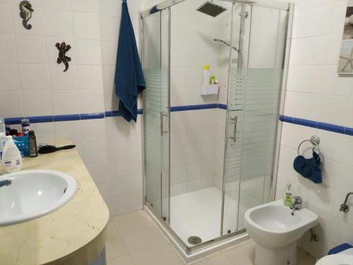 ein Bad mit einer Dusche, einem WC und einem Waschbecken in der Unterkunft Residence balcon del mar in Arona