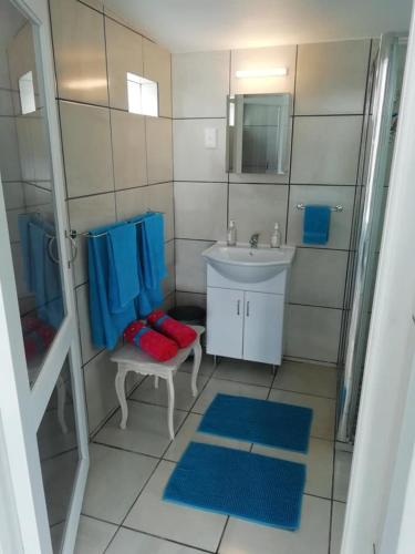 a small bathroom with a sink and a mirror at Porcupine Walk in Simonʼs Town