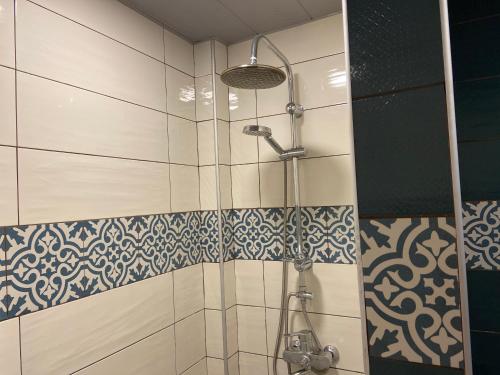 a bathroom with a shower with blue and white tiles at Mia B&B Old Tbilisi in Tbilisi City
