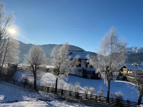 a snow covered yard with trees and a fence at REIT IM WINKL - ValleyViewInn in Reit im Winkl