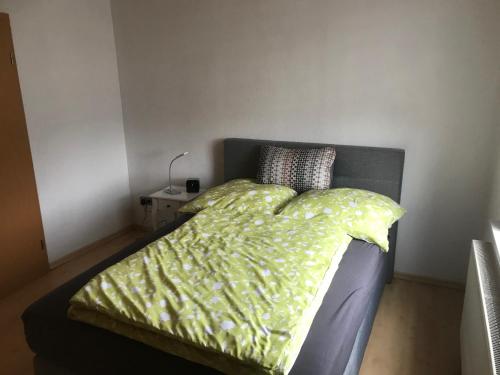 a bed with a green comforter in a bedroom at Ferienwohnung Weserbergland Haus Nr 29 Erdgeschoss in Deensen