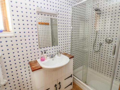 a bathroom with a sink and a shower at Heather Cottage in Milford Haven