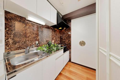 a kitchen with white cabinets and a sink at Terrace Terano#201 in Tokyo