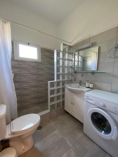 a bathroom with a toilet a sink and a washing machine at Mpanos Sea Apartment 2 in Loutra Oraias Elenis