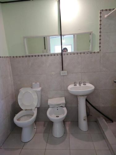 a bathroom with a toilet and a sink at Cabañas Isla San Jose in Tigre