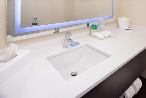 lavabo blanco en el baño con espejo en Holiday Inn Express & Suites Florida City-Gateway To Keys, an IHG Hotel, en Florida City