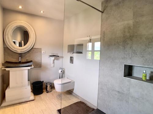 ein Bad mit einem WC und einem Spiegel in der Unterkunft La vie de chateau in Grignan