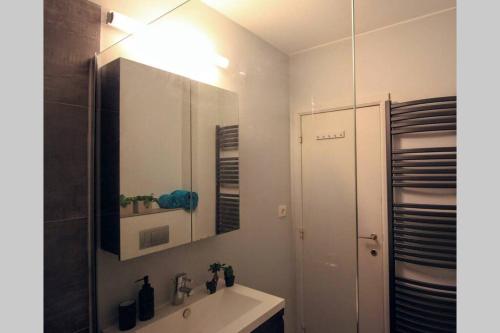 ein Bad mit einem Waschbecken und einem Spiegel in der Unterkunft Knappe studio met subliem zeezicht! in Ostende