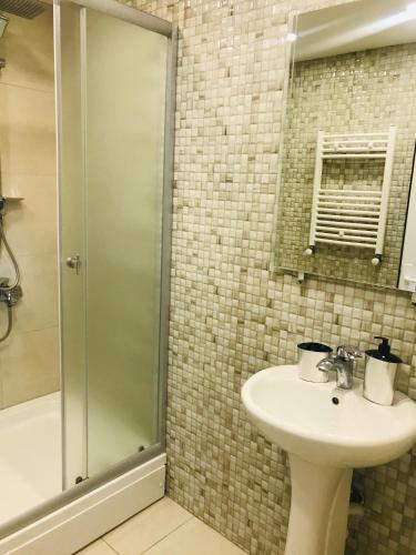 a bathroom with a sink and a shower at Apartment on Tabidze in Tbilisi City