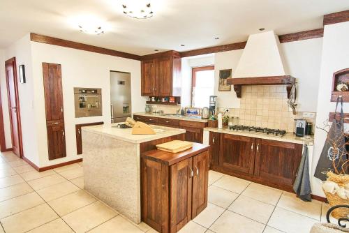 a large kitchen with wooden cabinets and a counter top at Willa Świerkowa 19 in Szczyrk