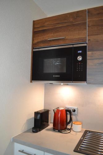 eine Küche mit einer Mikrowelle und einem Wasserkocher auf der Theke in der Unterkunft Business Wohnung zur Kurzzeitmiete für Geschäftsreisende in Karlsruhe