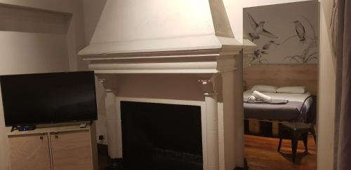 a living room with a fireplace with a tv and a bed at Hostel Boutique Merced 88 in Santiago