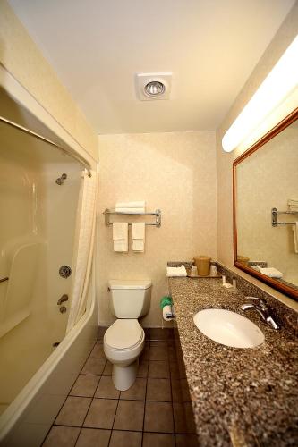 a bathroom with a toilet and a sink and a mirror at Baymont by Wyndham North Dartmouth Fall River in North Dartmouth