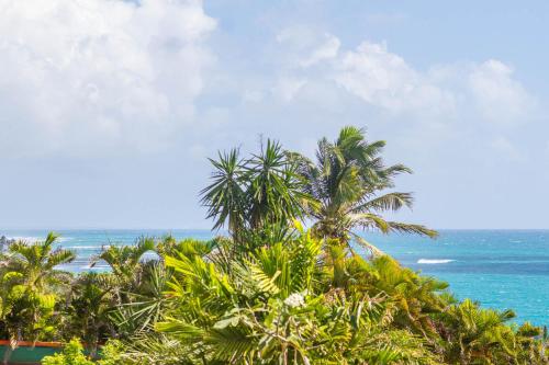 a view of a beach with palm trees and the ocean at Iguane House Villas & Micro Spa in Sainte-Anne