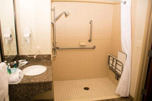 a bathroom with a shower with a sink and a shower at Holiday Inn Express & Suites - Mason City, an IHG Hotel in Mason City