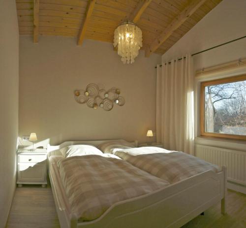 a bedroom with two beds and a chandelier at Harzer Feriengarten in Quedlinburg
