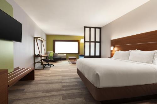 エディンバーグにあるHoliday Inn Express & Suites Edinburg- Mcallen Area, an IHG Hotelの大きなベッドとデスクが備わるホテルルームです。