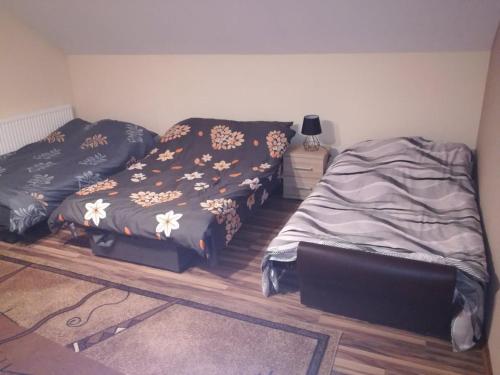 a bedroom with two beds and a table with a lamp at Apartament u Wioli in Okleśna